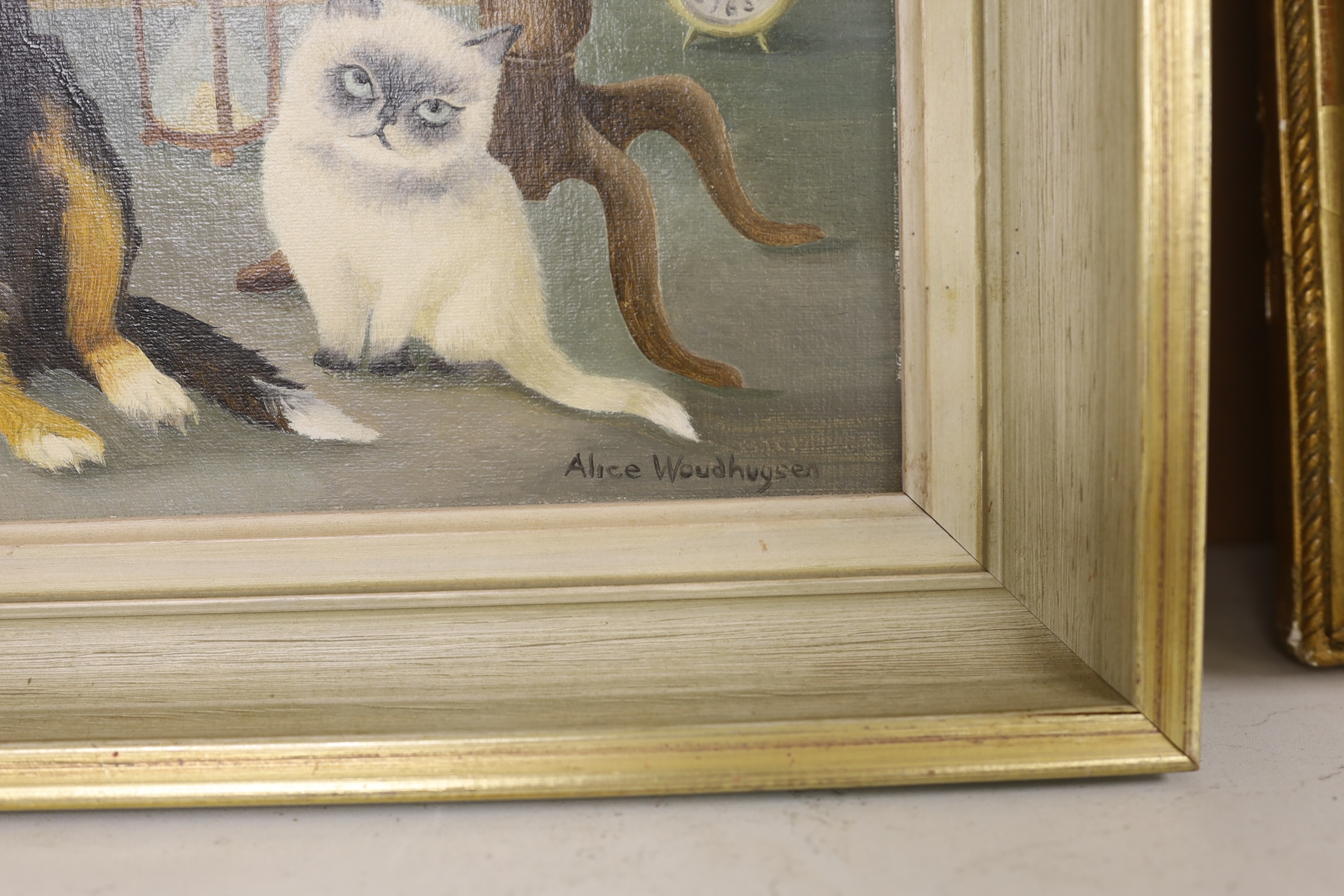 Alice Woudhuysen (Contemporary), oil on board, Interior scene with collie, cats and clocks, signed, 40 x 30cm